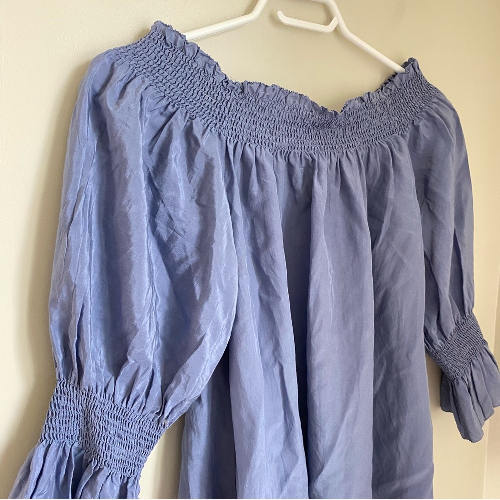 7 FOR ALL MANKIND Silk Off Shoulder Smock Top Blue Size XS Bohemian Cottagecore - Picture 6 of 14